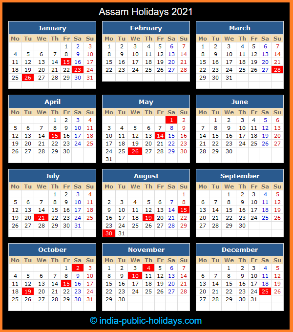 Assam Holiday Calendar 2021